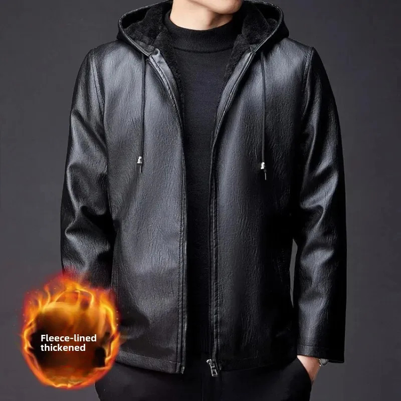 Winter highend mens hooded leather jacket waterproof and windproof plush insulated clothing 241209