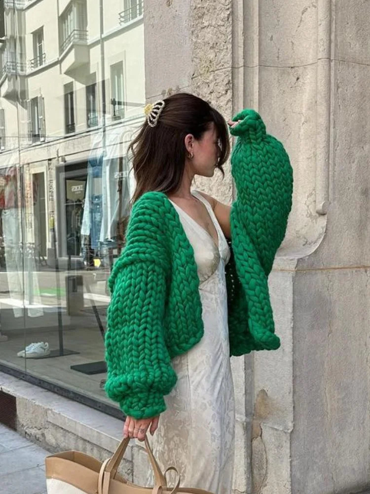 Solid Knitted Cardigan For Women Jacket V-neck Loose Crochet Twist Long Sleeve Sweater Female 2024 Autumn Casual Coat Lady Tops 241210