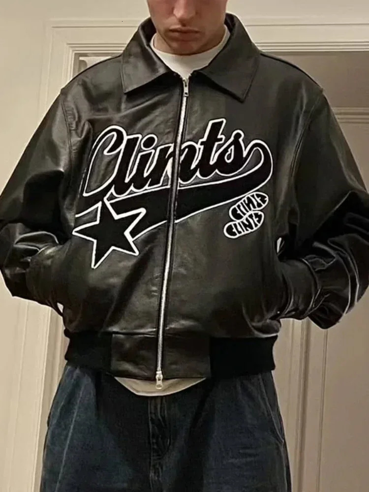 Streetwear Black Leather Jacket Harajuku Alphabet Pattern Embroidered Coat Mens Long Sleeve Zipper Gothic Fashion 241209