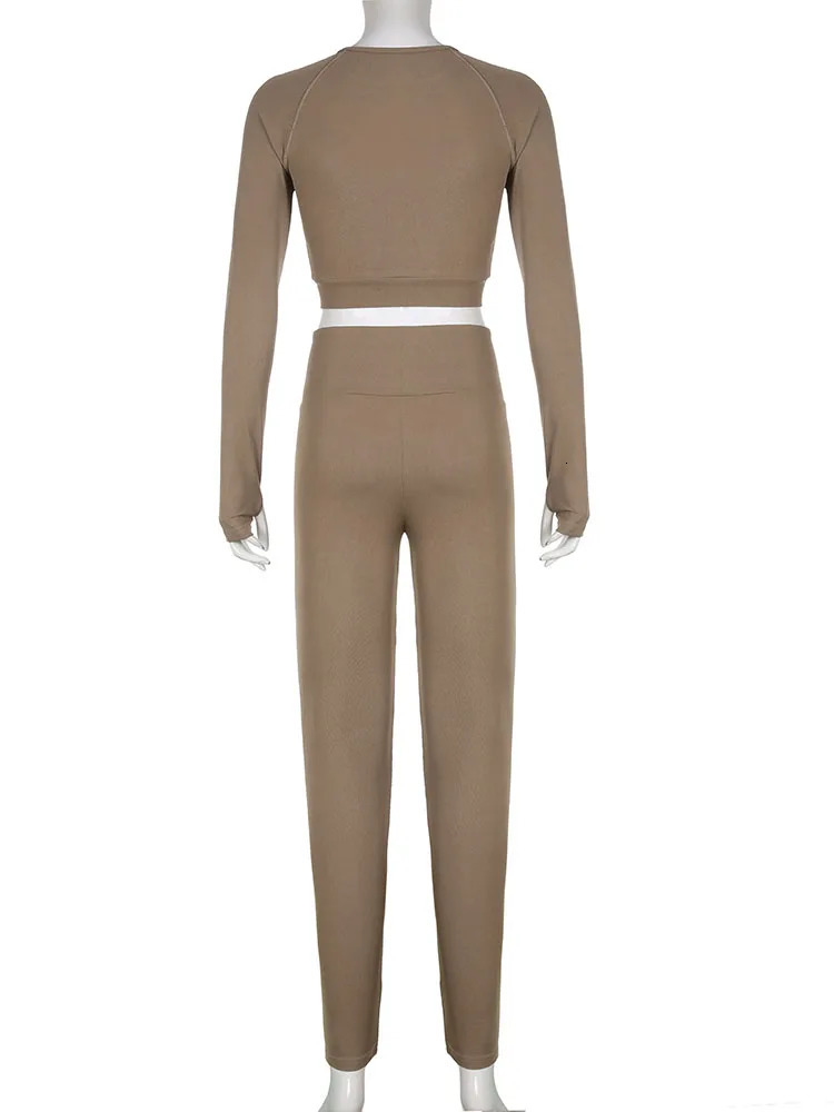 Rockmore Solid Knit Two Piece Set Women Skinny Casual Sporty Legging Long Sleeve Crop TopBodyShaping Female Activewear Outfits 241209