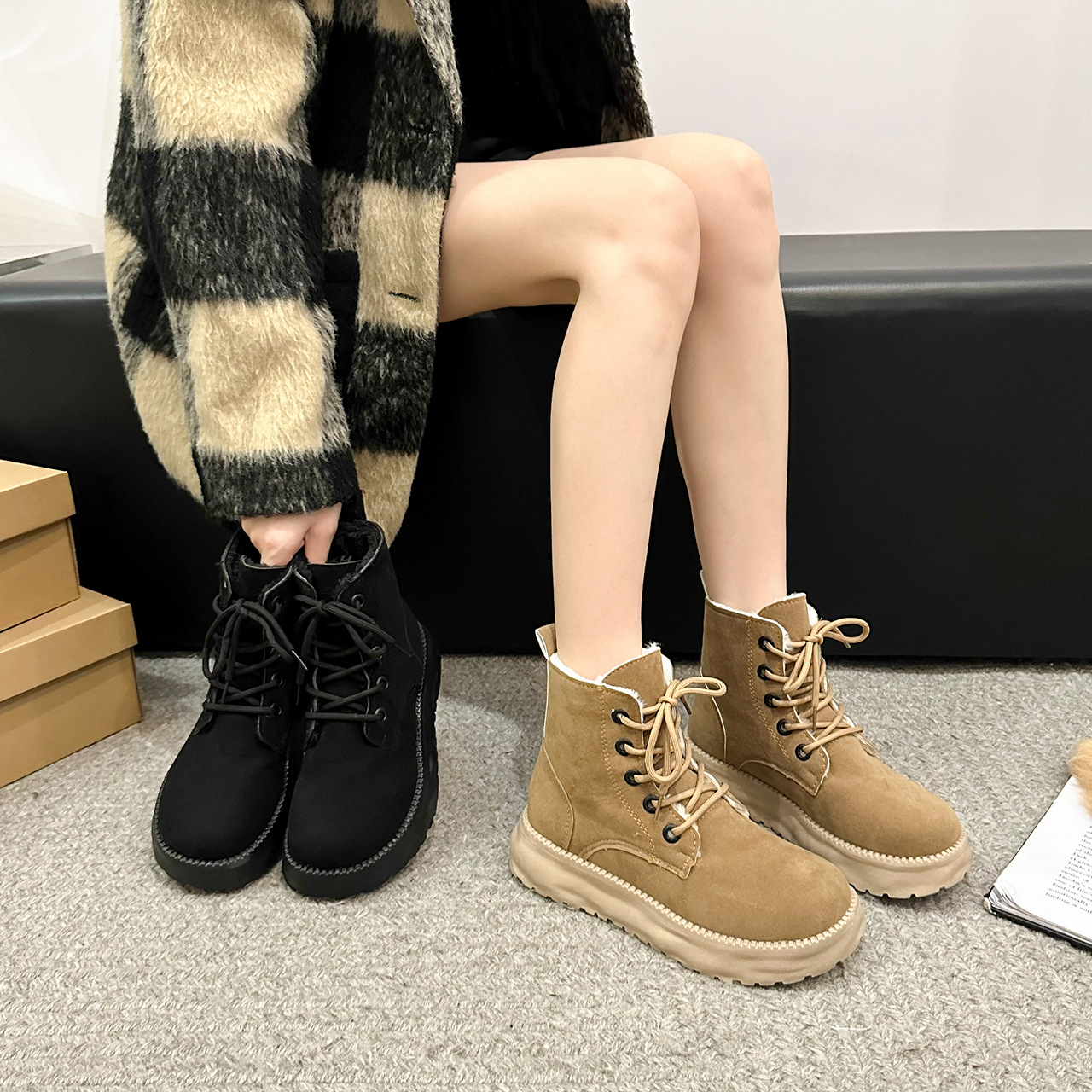 Women Boots:Flat Bottom hot Fleece Short Boots Winter Warm Anti-slip British Style Cotton Boots, Black/Khaki,Free shipping
