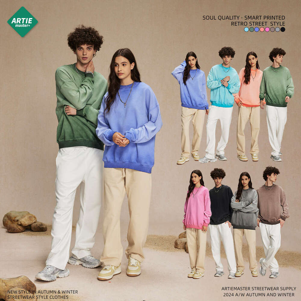 2024 New Product Heavy Weight 430g Reverse Bottom Stir Frying Color Doing Old Wash Water Wool Circle Neck Hoodie Trendy Men