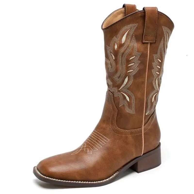 2024 New Leather Western Mid Calf Embroider Women square toe knight boots Block Heels Autumn Winter Ankle Boots Ladies D51