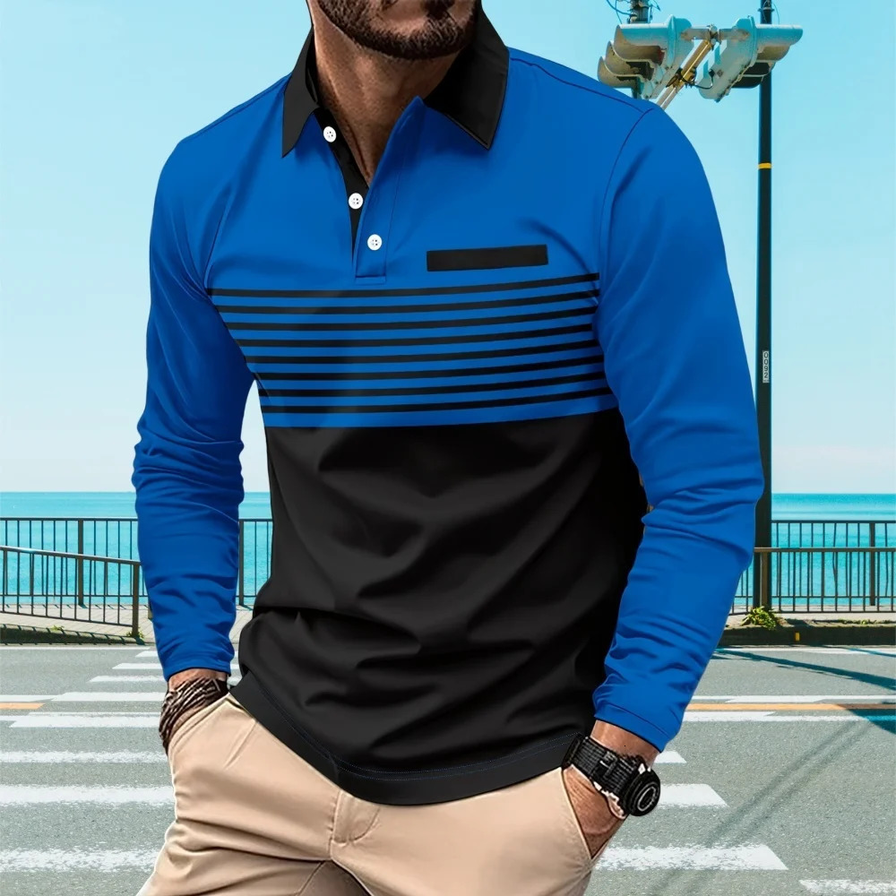 Mens Polo Shirts 3D Stripe Colorblock Print Fashion Sports Lapel Golf TShirt Men Tops Casual Long Sleeve Man Clothes 241202