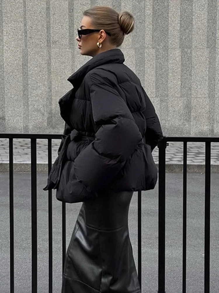 Fashion Lace Up Cotton Parka Coats For Women Elegant Turn Down Collar Thicken Jacket With Belt Winter Long Sleeve Female Outwear 241209