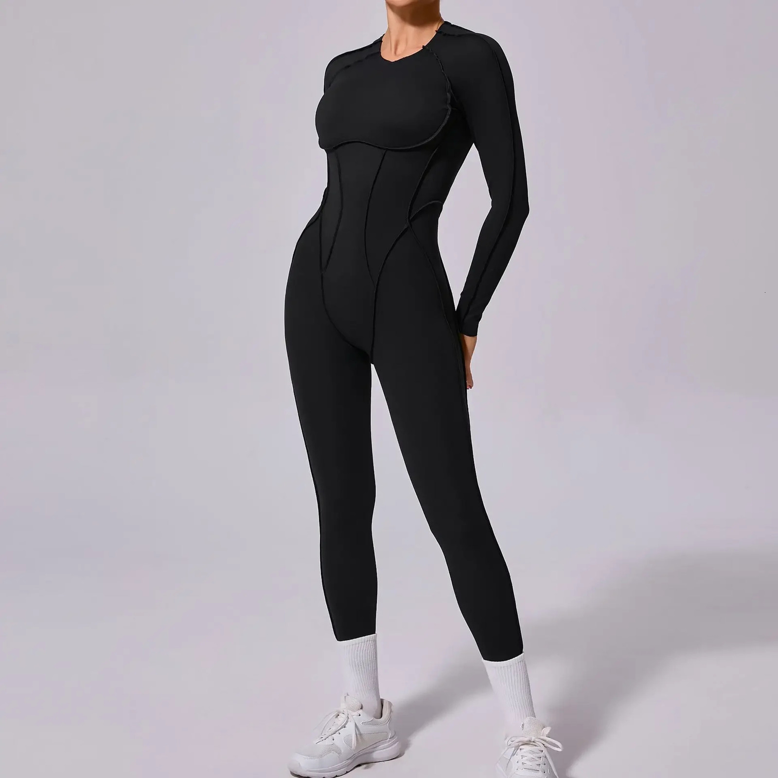 Fashionable and sexy hollow long sleeved sports jumpsuit with cup womens sportswear autumn onepiece gym workout suit fitness 241209