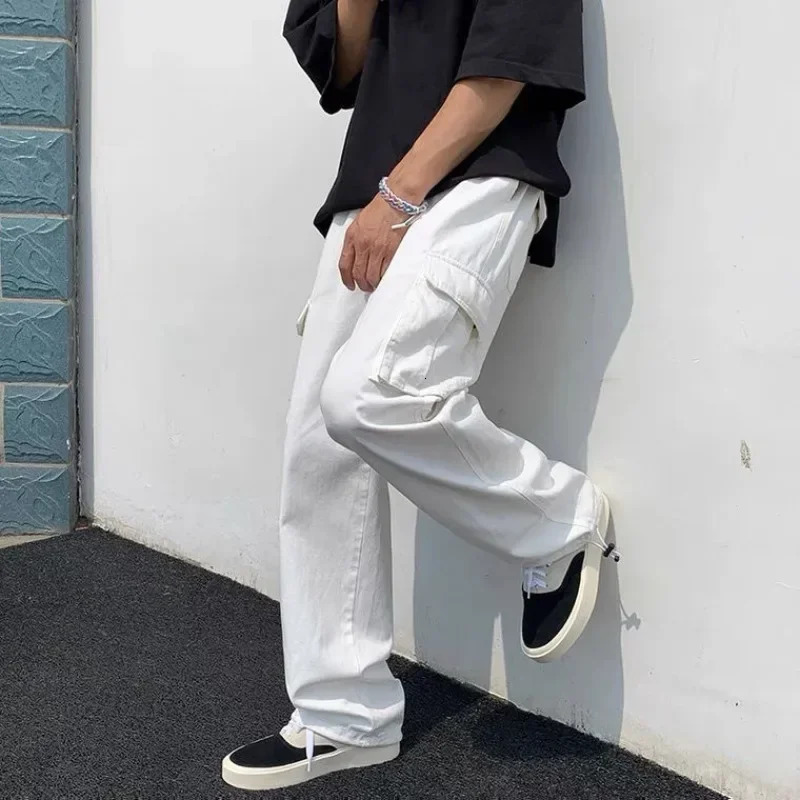 Cargo Pants for Men Wide Summer Trousers Man White Straight Street Big Size Nylon Cotton Regular Fit Harajuku Slacks Large Baggy 241209
