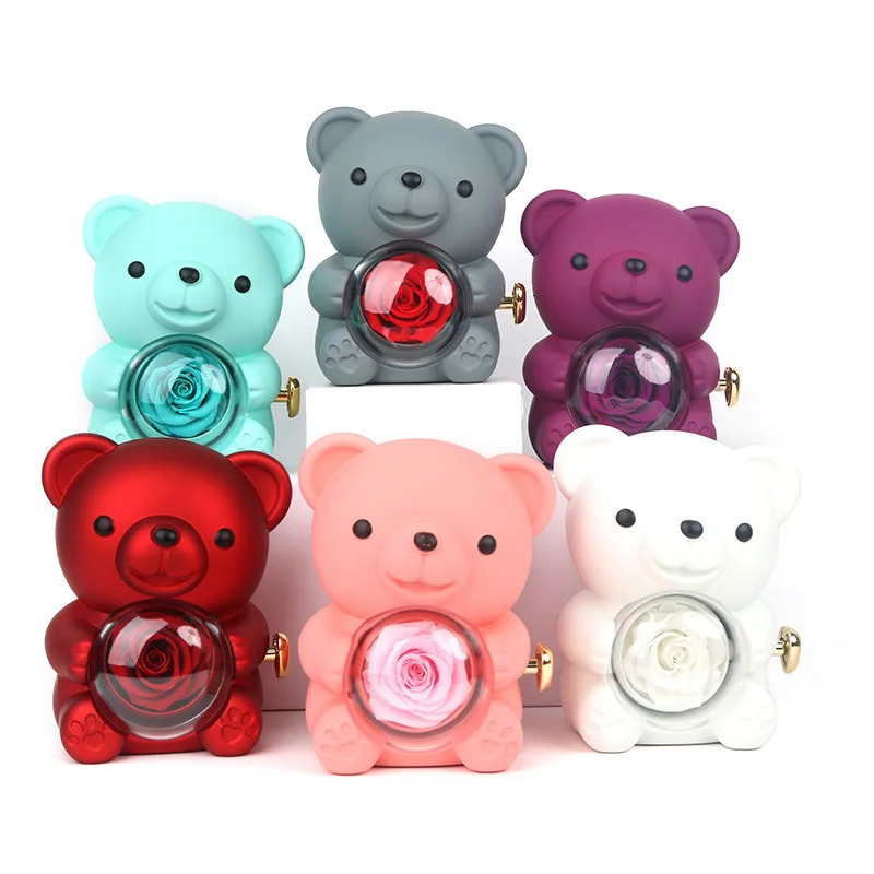 Eternal Rose Teddy Bear Gift Box with Necklace Rotating Rose Jewelry Box Valentines Day Wedding Storage Gift Box 241209