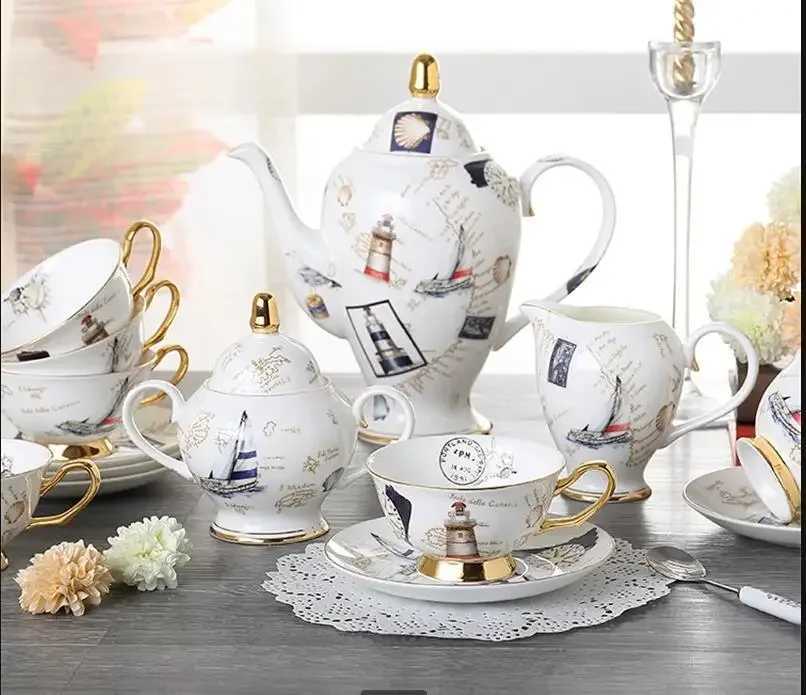 Logbook Bone Chinese Coffee Set European Ceramic Teapot Cream Candy Bowl Tea Time Teapot Cup Coffee W241210