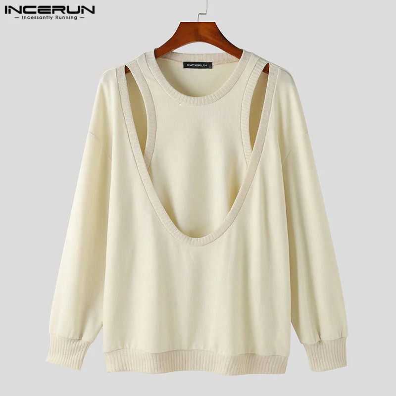 Men Sweaters Hollow Out Oneck Long Sleeve Irregular Pullovers Streetwear Solid Fashion Casual Clothing INCERUN S5XL 241209