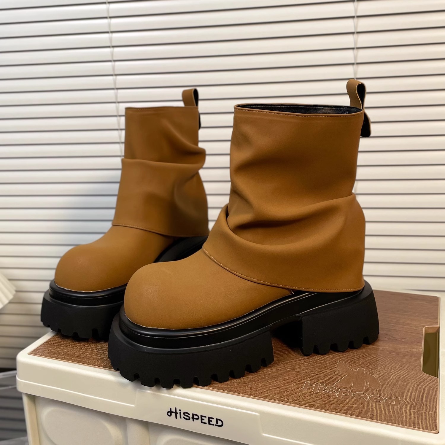 Women Boots:2025 New Design Spring Thick Sole Increase Height 7CM Short Boots Simple Style Versatile,Black/Brown,Free shipping