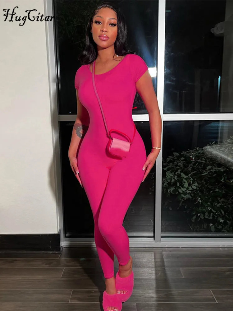 Hugcitar solid short sleeved backless sexy Bodycon tight onepiece jumpsuit 2024 summer womens casual Y2K streetwear club 241209