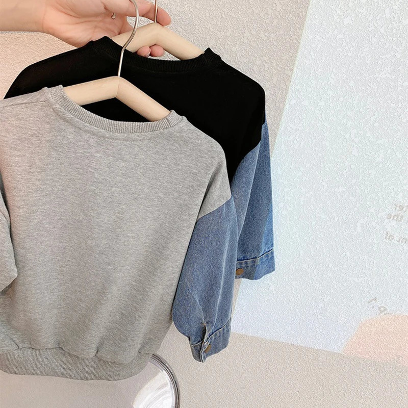 Spring Boys and Girls Top Denim Patchwork Sleeve Loose Hoodie Autumn Casual Childrens T-shirt 241210