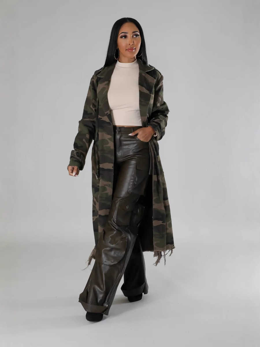 Women's Jackets Women's torn personality camouflage long trench coat with belt Q241210