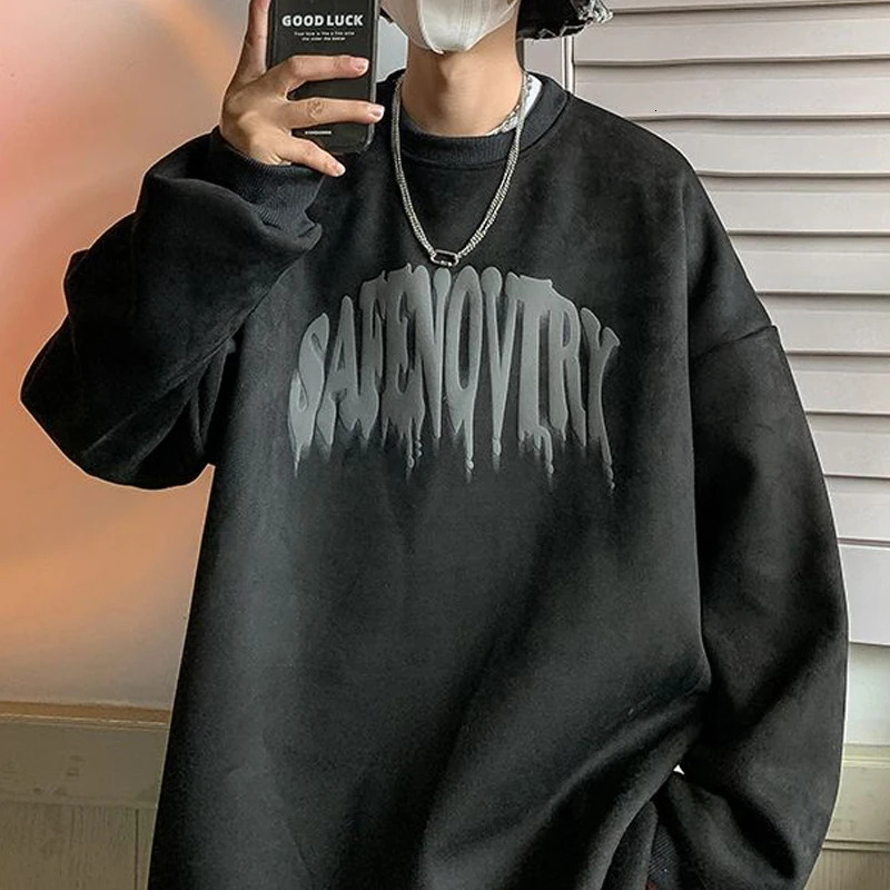 Men Trendy Vintage Sueded Letter Print Oversize Streetwear Sweatshirt Y2K Casual Round Neck Long Sleeve Pullover Hip Hop Hoodies 241209
