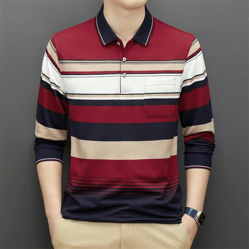 Mens Casual Long Sleeve Polo Shirt Fashion Solid Color Top 241202