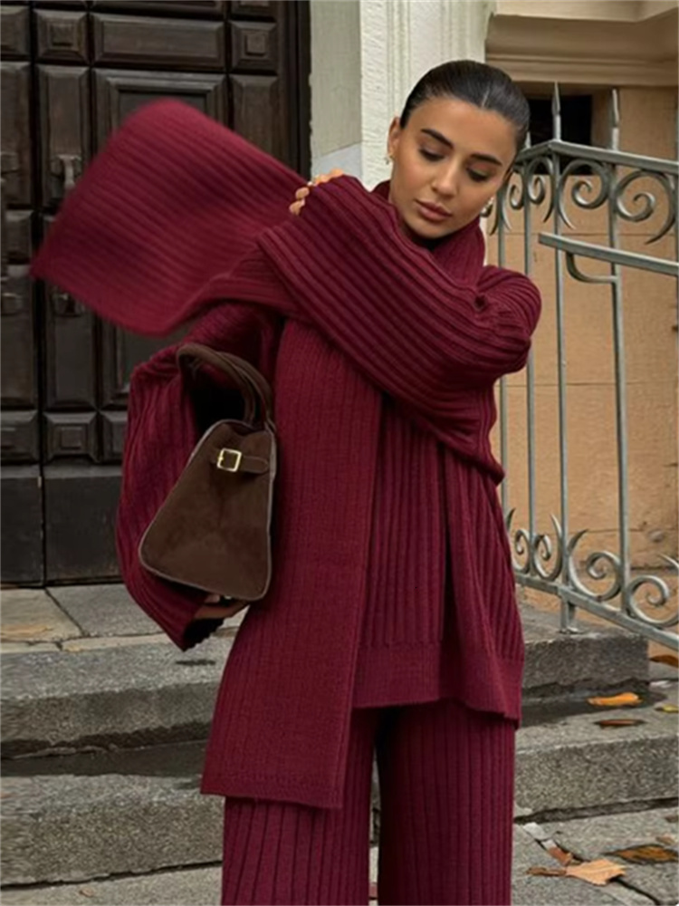 Knitted Pants Skirt Suit Women Fashion Scraf Collar Long Sleeve Lady Two Piece Set New Antumn High Street Sweater Pullover