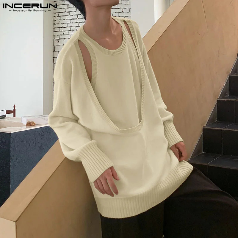 Men Sweaters Hollow Out Oneck Long Sleeve Irregular Pullovers Streetwear Solid Fashion Casual Clothing INCERUN S5XL 241209