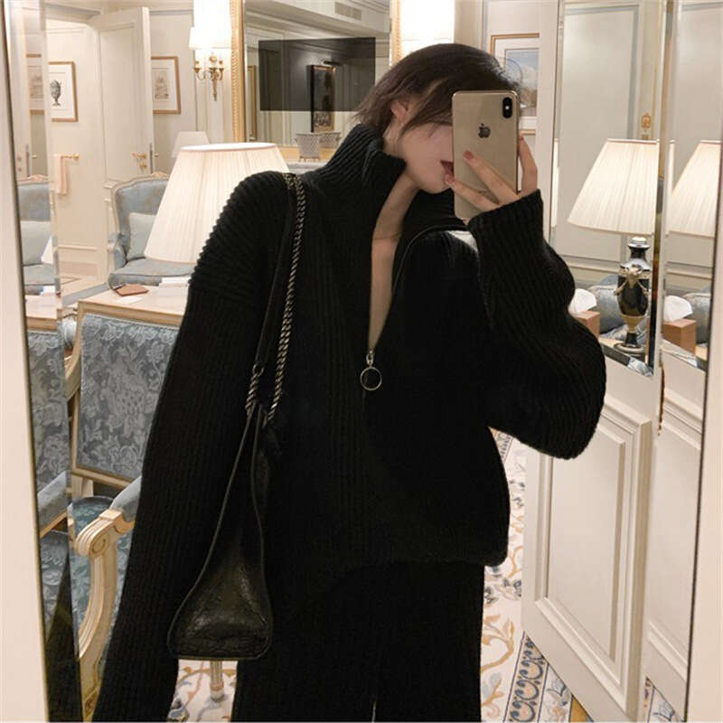 Korean style autumn and winter new loose fitting pullover high neck design, zipper pit stripe knit sweater, thick women's clothing for external w