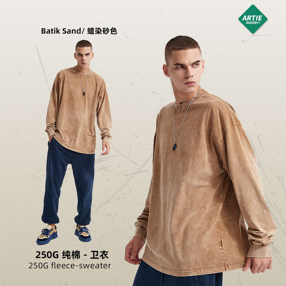 Trendy brand new wax printed 250G long sleeved in 10 colors autumn winter solid color washed and worn men's T-shirt
