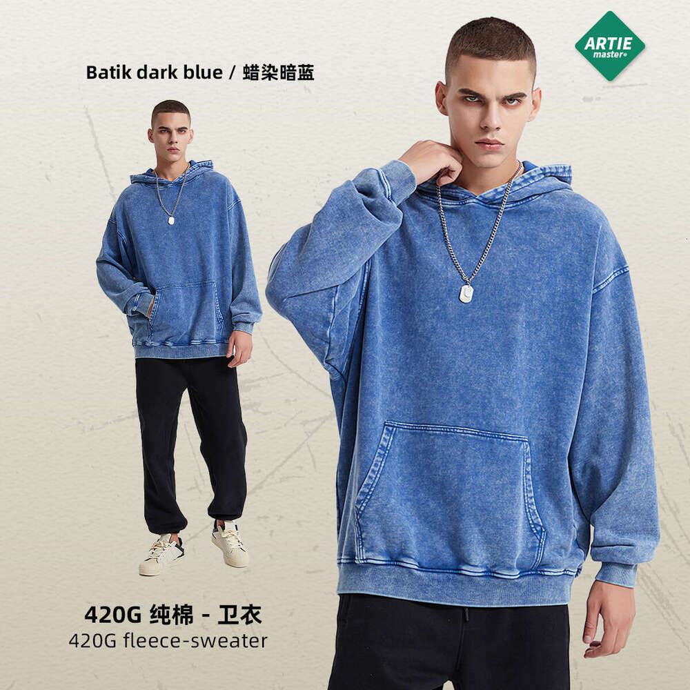 Heavy weight 420G wax printed vintage hooded sweatshirt, loose and washable men's trendy brand new sweatshirt