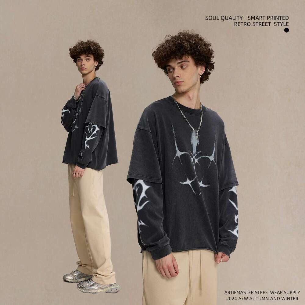 2024 Spring and Autumn New Product Printed Round Neck Sleeve for Men, American Trendy Brand Retro Washed Fake Two Piece Loose Men's Long T-shirt