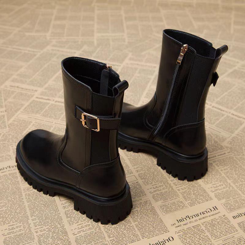 Women Boots:Spring Simple Design Versatile Soft Leather Thick Sole Fashion Slimming Boots,Black/Brown,Free shipping
