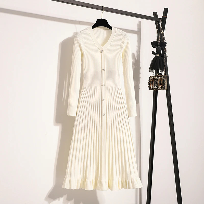 Autumn winter elegant solid knit sweater long sleeved womens V-neck long sleeved high waisted pleated knit dress 241206