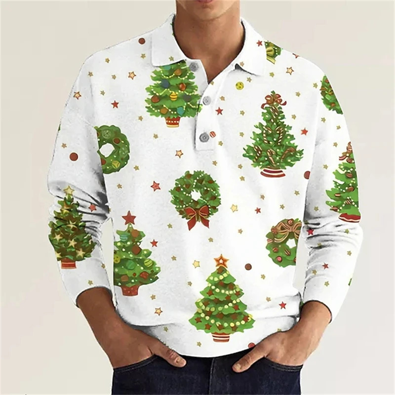Christmas Festival Men 3D Xmas Trees Graphic Long Sleeve Polo Shirt Kids Clothes Trendy Casual Button Shirts Tops 241202
