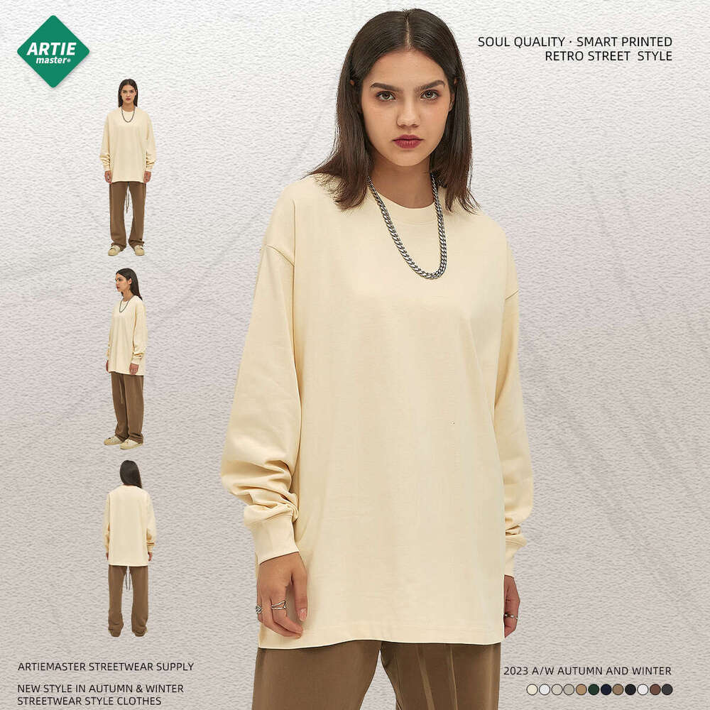 2024 Autumn/Winter Trendy Brand Heavy Weight 305g Loose Long Sleeve T-shirt 12 Color European and American Pure Cotton Top