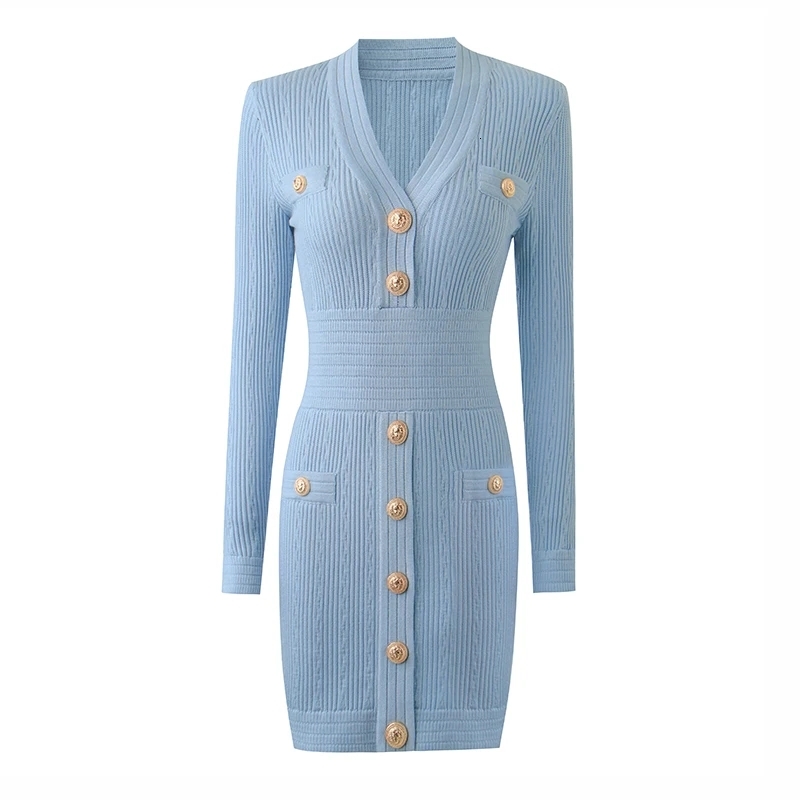 Harleyfashion New Autumn Designing Urious Long Sleeve V-Neck 4 Colors Sheath Casual Knitted Mini Dress