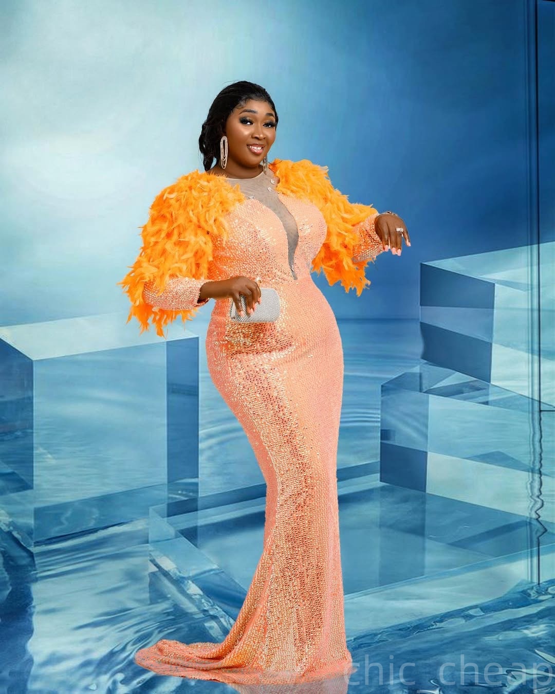 Orange Mermaid Prom Dresses 2025 Feather Sequined Full Sleeves Evening Formal Party Second Birthday Engagement Gowns Plus Size Dress For Special Occas