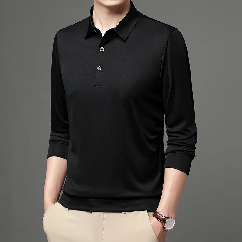 Spring and Autumn Long Sleeve Polo Shirt Collar Solid Mens Tshirt 241202