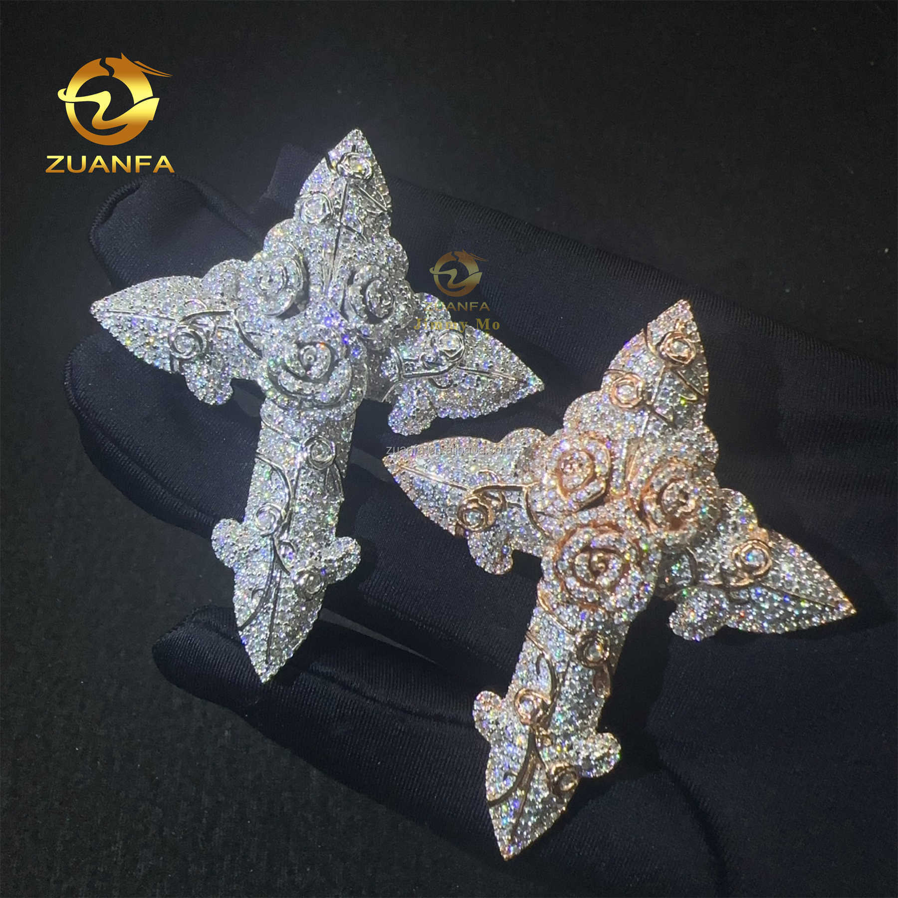 In Stock Fashion Man Jewelry Rose Gold Color Hip Hop Pendant S925 VVS1 Moissanite Diamond Rose Flower Cross Pendant Necklace Set