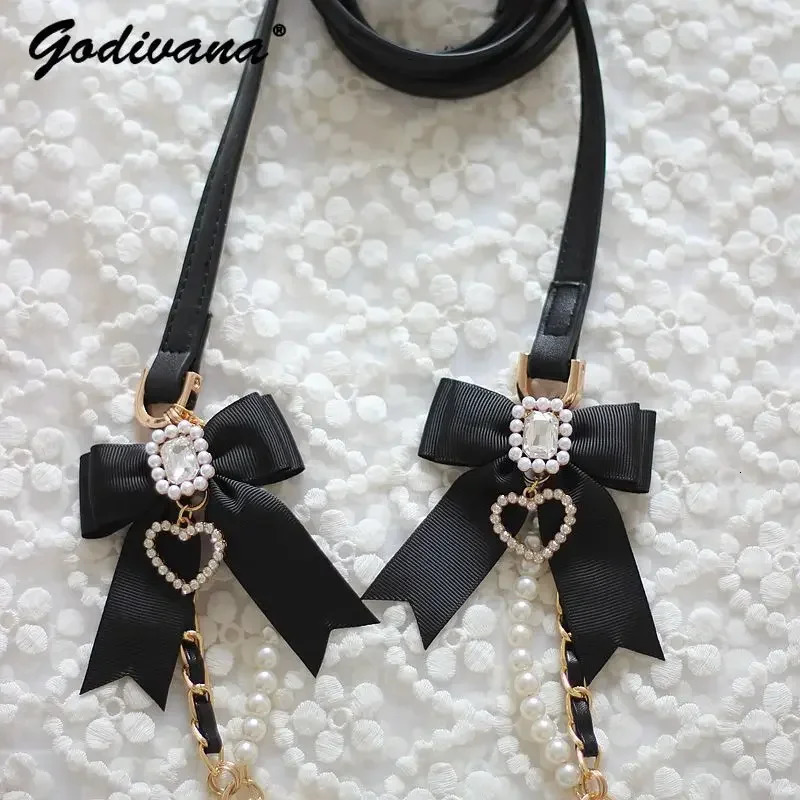 Handmade Japanese Liz Fashion Adjustable Pu Leather Phone Horizontal Chain Pearl Bow Gemstone Cute Bag Chain Cute Bag Accessories 241205