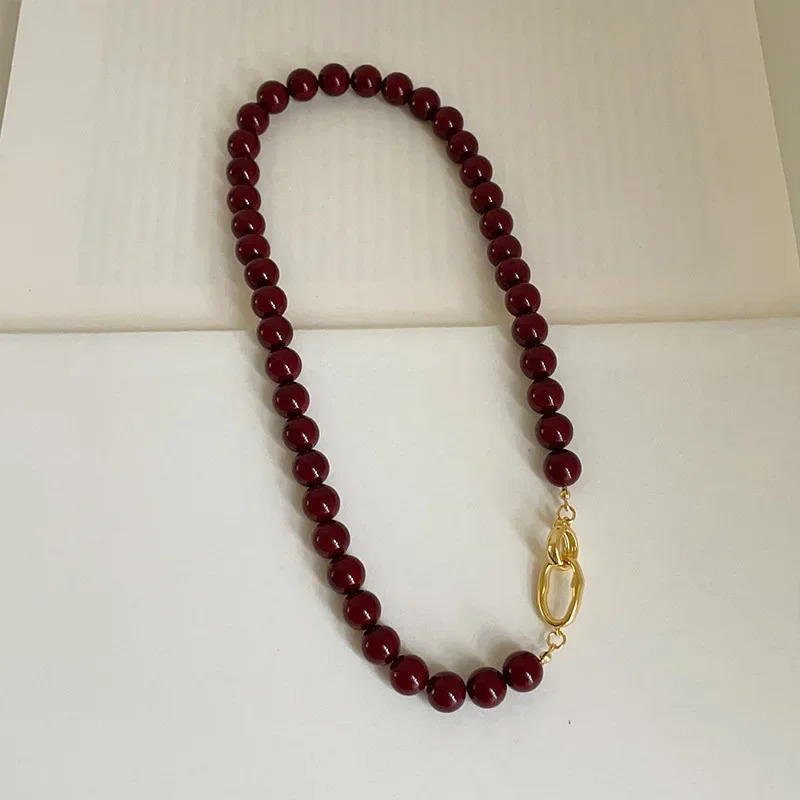 Minar French Dark Red Agate Natural Stone Chain Beaded Necklace Suitable for Women Gold Plated Chain Double Open Buckle Round Necklace 241210