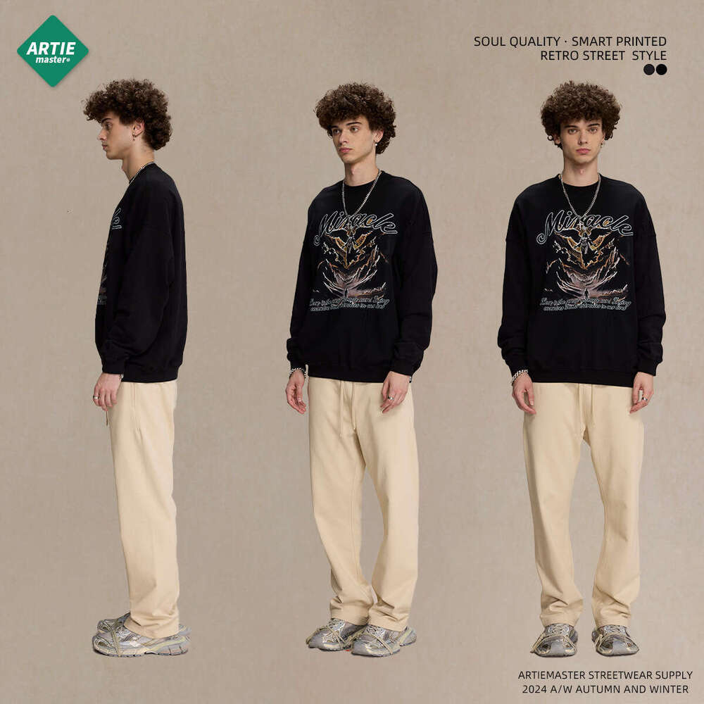 2024 Autumn 430g Grinding Edge Broken Hole Washed Water Printed Round Neck Men's Street Trendy Brand Making Old Thin Sweatshirt for Men