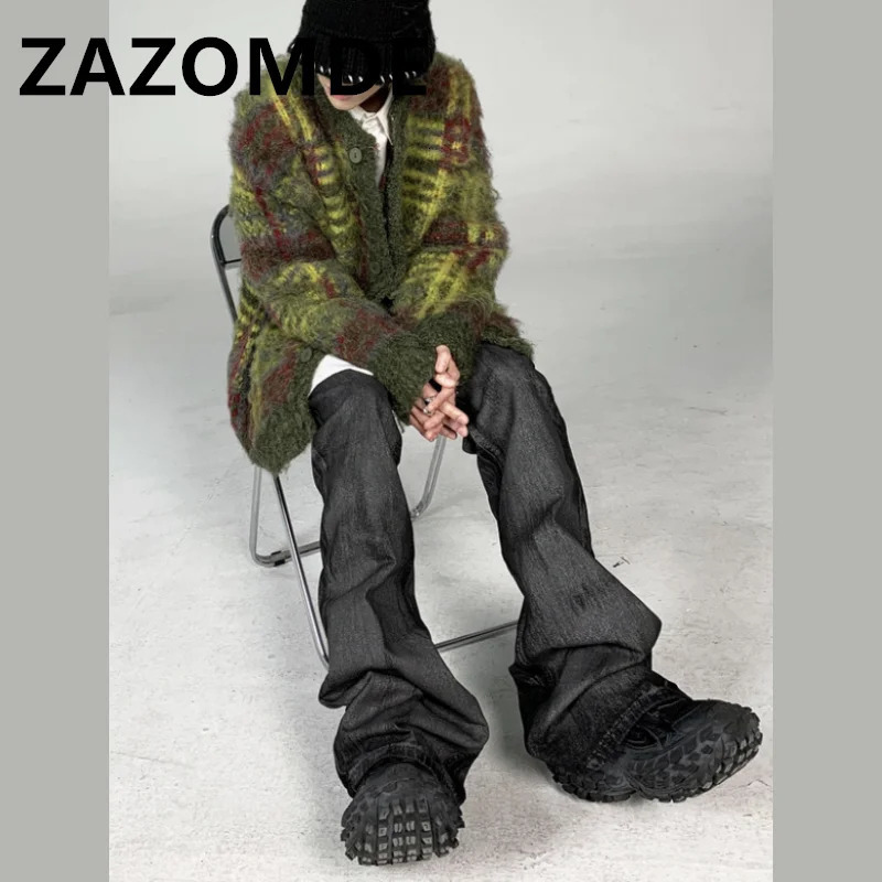 ZAZOMDE Wihter retro striped green cardigan sweater mens high street oversized button jumper Harajuku loose hip-hop knit top 241205