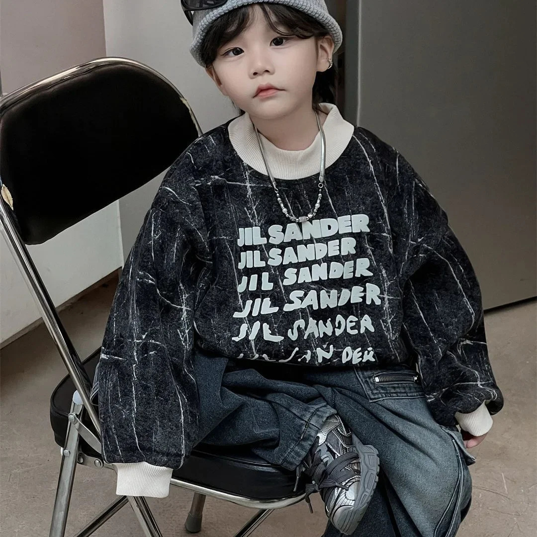 Childrens clothing casual wool thick hoodie winter boy and girl letter printing loose personality zipper 241210
