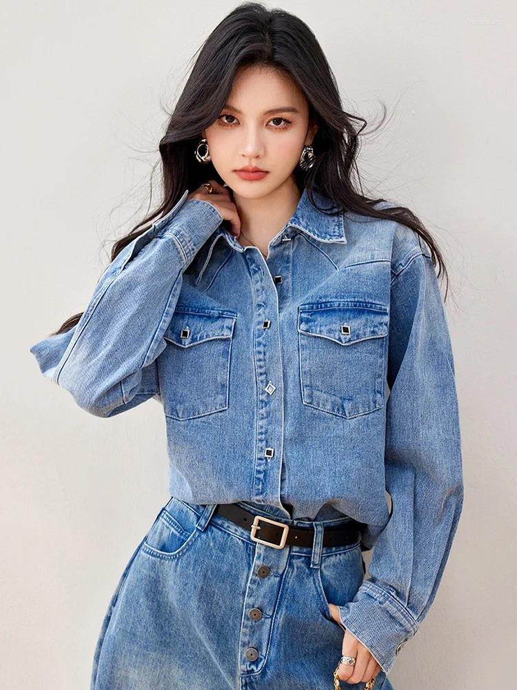 Women's Blouses 2024 Autumn Harajuku Retro Denim Shirt Women Chic Design Long Sleeved Shirts Fashion Versatile Jean Blouse Blusas