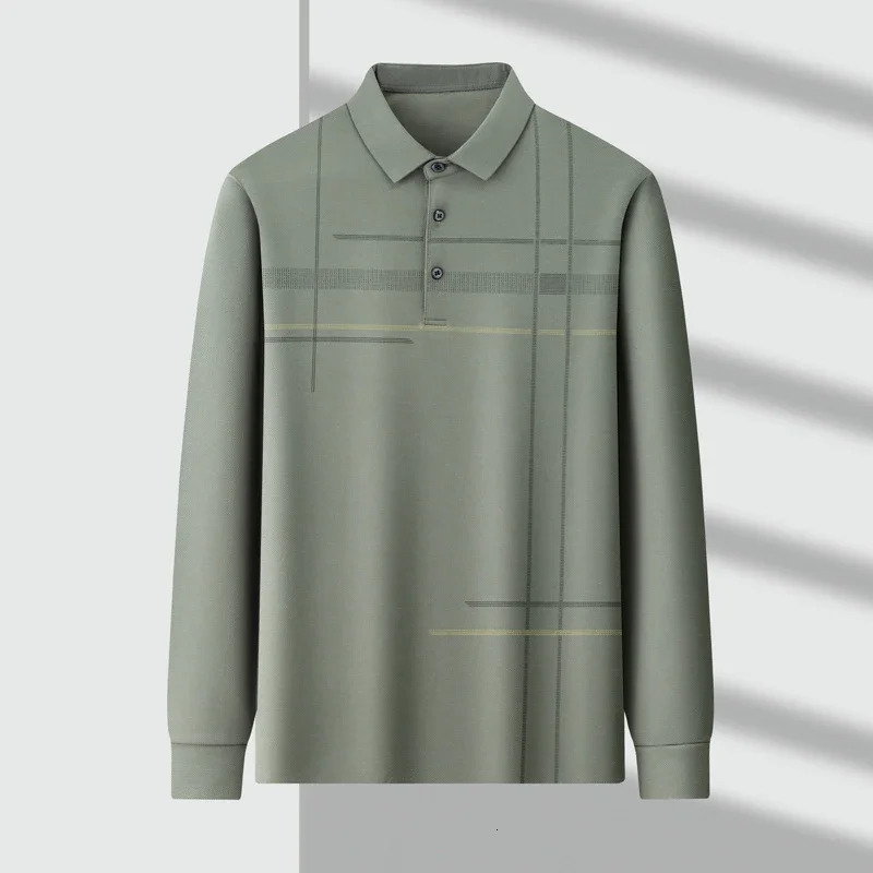 Mens Business Casual Long Sleeved Printed Polo Shirt Fashionable Breathable Comfortable Versatile Top for All Seasons 241202