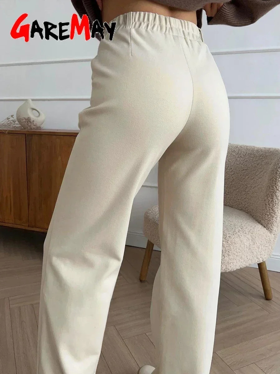 Womens Winter Pants Thick Warm Loose Classic Long Wide Leg Trousers Thermal Brown Beige Wool for Women 2024 241203