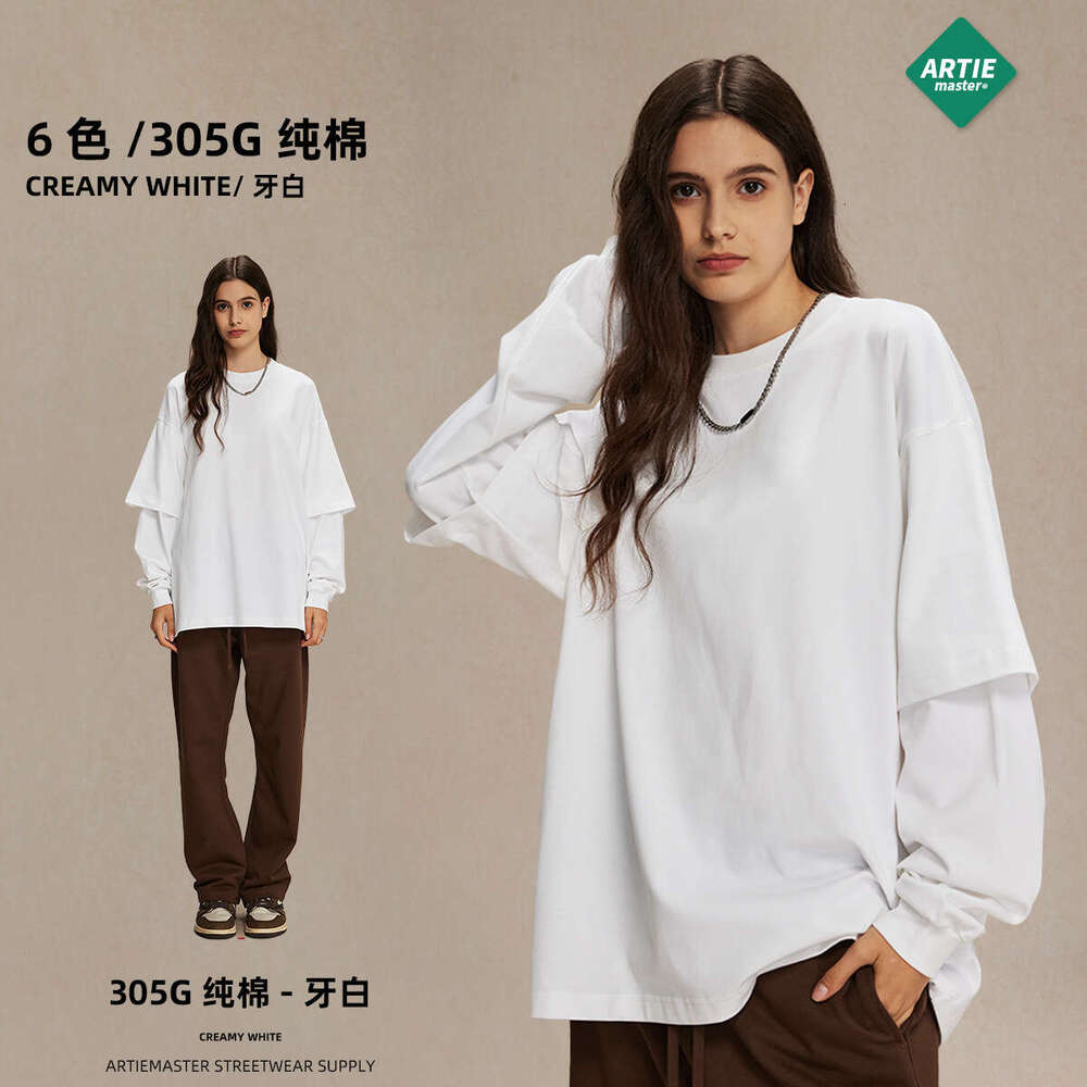 2024 Autumn New Trendy Brand Wear Fake Two piece Long sleeved T-shirt Men's Loose Casual Bottom Shirt