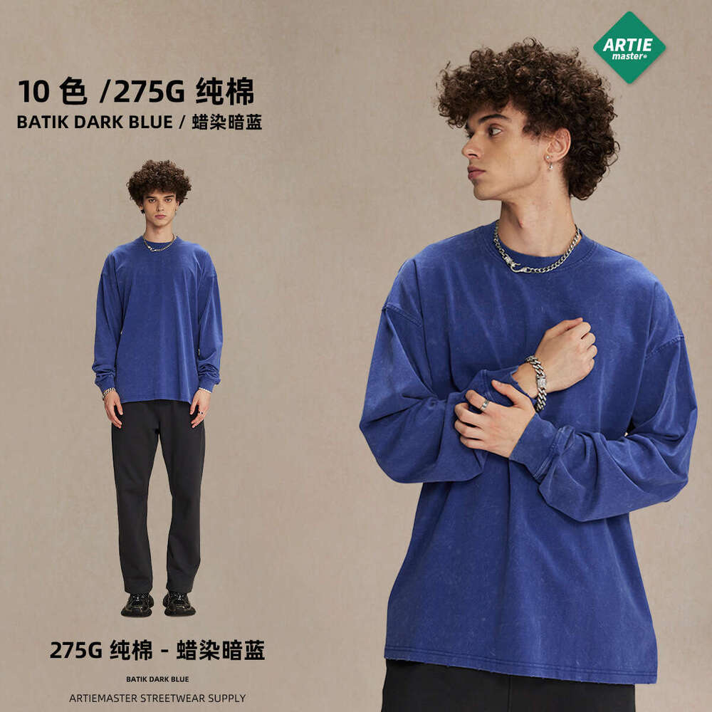 2024 Autumn/Winter New Trendy Brand Heavy Weight 275g Retro Wax Printing Water Washed Sleeve T-shirt Men's Round Neck Couple Top Long T