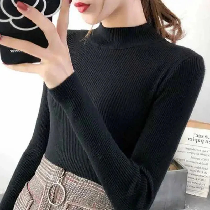 Autumn Winter Mock Neck Women Sweater Vintage Basic Solid Knitted Tops Casual Slim Pullover Korean Sweaters Simple Chic Jumpers 241203
