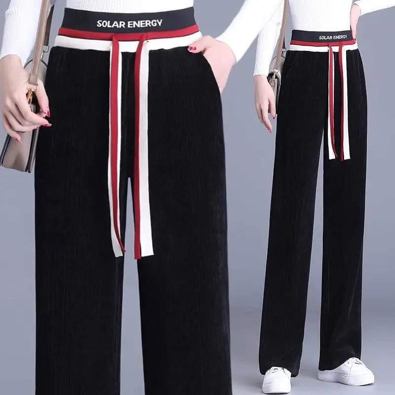 Autumn and Winter Womens Colorful Block Loose High Waist Elastic Wide Leg Pans Fashion Leisure Full Match Trouser 241202