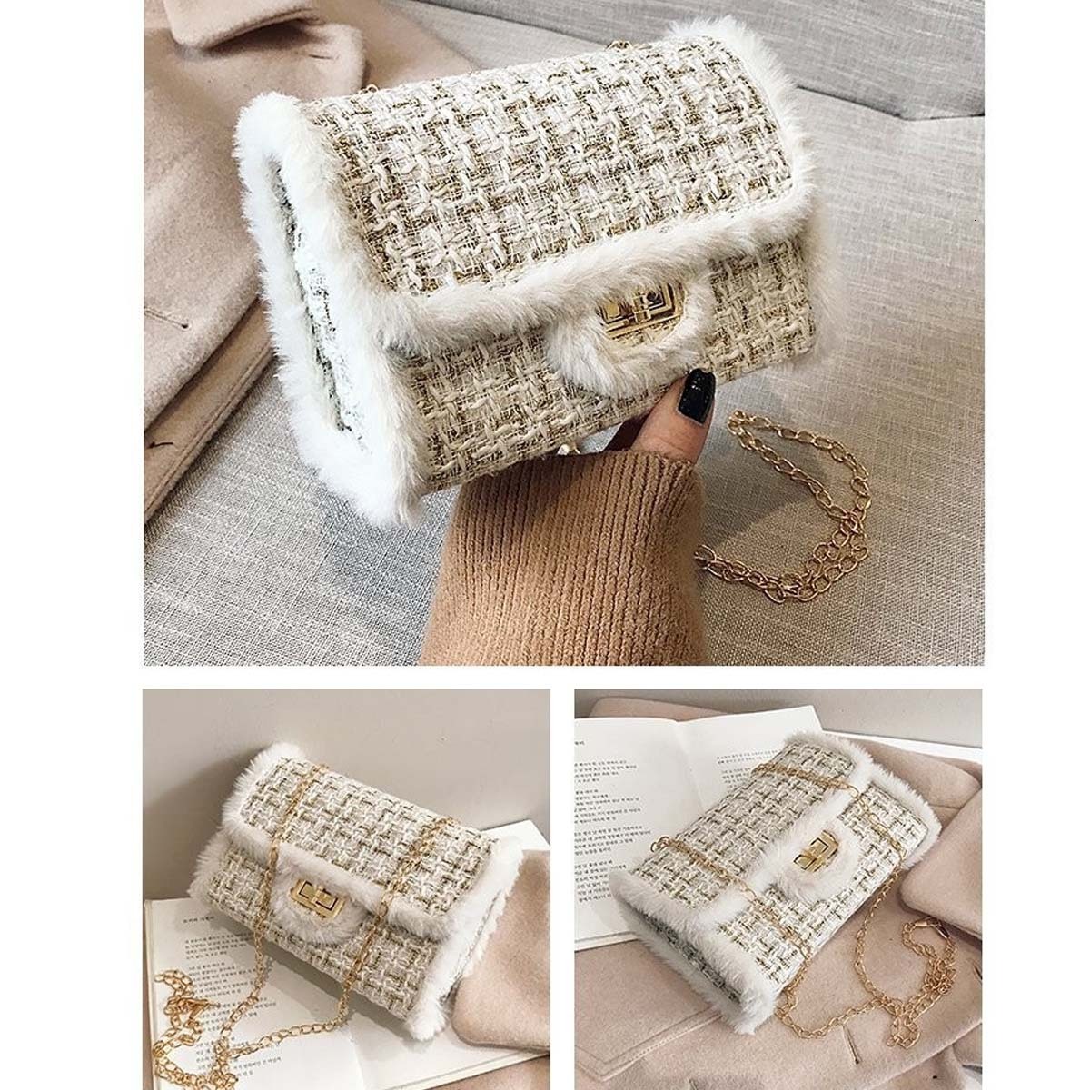 New women s slanted small square fur chain designer shoulder bag elegant women s handbag trendy bag bag