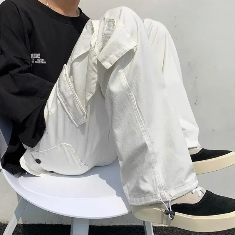 Cargo Pants for Men Wide Summer Trousers Man White Straight Street Big Size Nylon Cotton Regular Fit Harajuku Slacks Large Baggy 241209