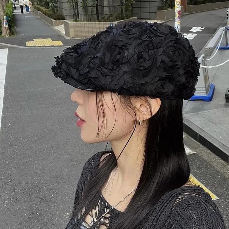 Korean er rose beret womens spring and summer travel Versatile Ins niche high-end retro front hat 241209