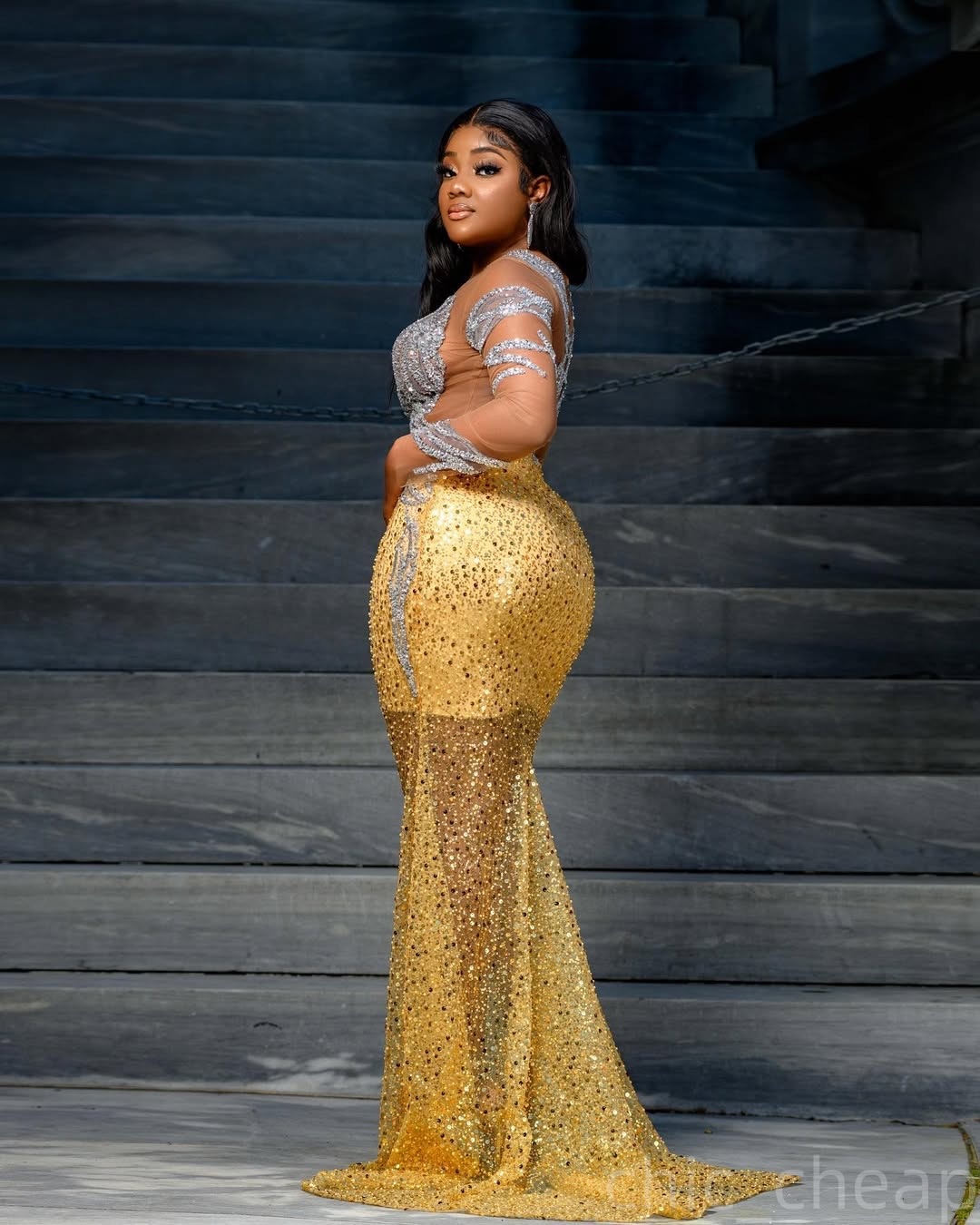 Gold Mermaid Prom Dresses 2025 Sequined Full Sleeves Sheer Neck Evening Formal Party Second Birthday Engagement Gowns Plus Size Dress For Special Occa